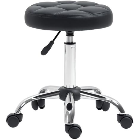 Tabouret Tournant avec Roulettes, Hauteur Réglable et Revêtement Simili Cuir, Noir