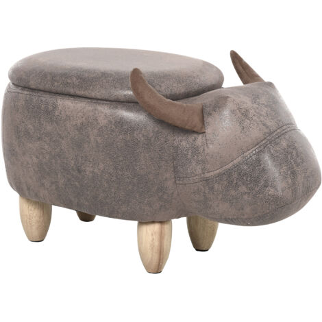 Tabouret Vache - Pouf Vachette - Pouf Taureau Coffre de Rangement 2 en 1 - Pieds Bois d'hévéa revêtement synthétique Aspect Daim Vieilli Marron