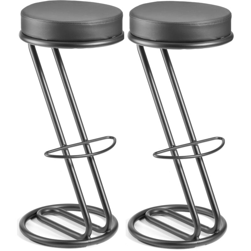 Tabouret ZETA (H 83 cm) - Design Moderne, métal verni noir & Assise cuir imitation noir