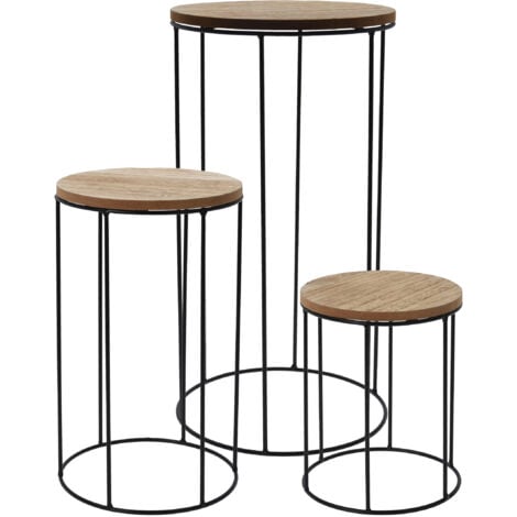 SPETEBO Tabourets à fleurs en bois ronds, ensemble de 3 - Ø 16 / 18 / 21 cm - Support de plantes avec cadre en métal