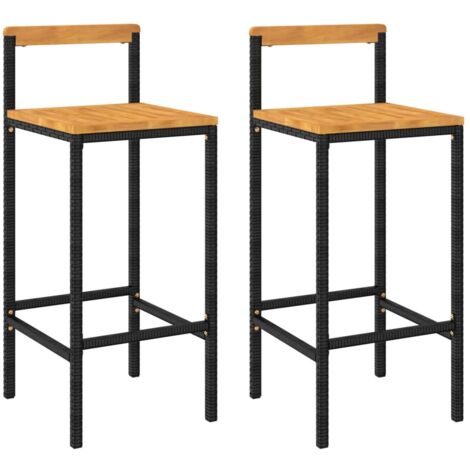 Tabourets de bar 2 pcs noir résine tressée et bois d'acacia