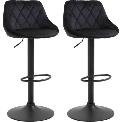 Tabourets de Bar 2 Pièces Réglable Pivotant avec Dossier Velours, Diamants Capitonnés et Repose-Pieds, Acier Noir