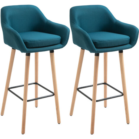 Tabourets de bar au design scandinave - Ensemble de 2 tabourets de bar confortables avec repose-pieds et accoudoirs - en bois massif et lin bleu