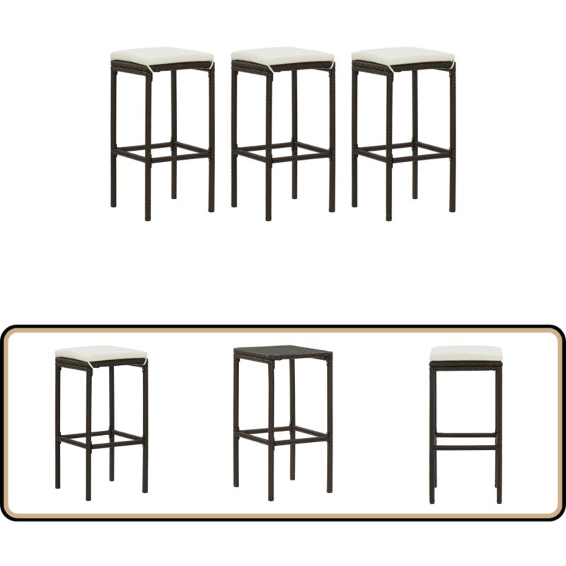 Vidaxl - Tabourets de bar avec coussins lot de 3 marron résine tressée - Tabouret De Bar - Tabourets De Bar - Chaise De Bar - Chaises De Bar