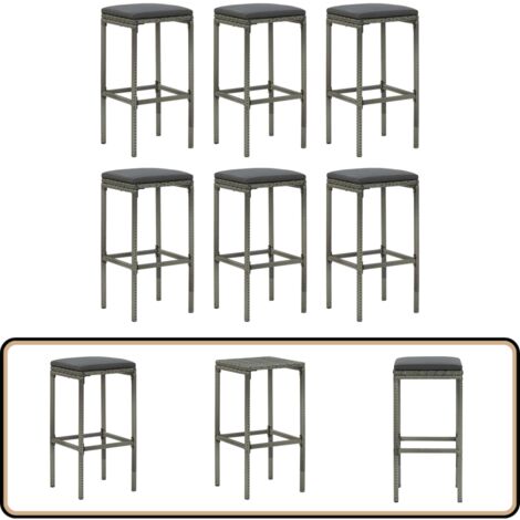 Tabourets de bar avec coussins lot de 6 gris résine tressée - Tabouret De Bar - Tabourets De Bar - Chaise De Bar - Chaises De Bar - Résine Tressée