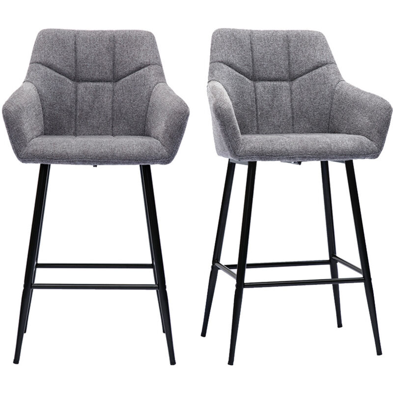 Tabourets de bar avec sièges matelassés en tissu effet velours texturé gris et métal noir H65 cm (lot de 2) MONTERO