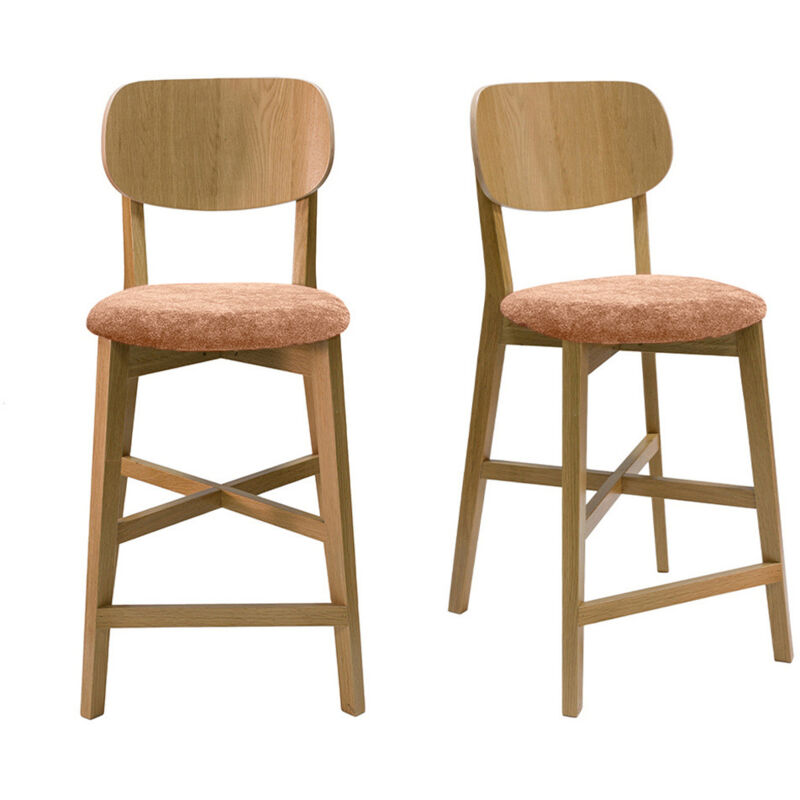 Miliboo - Tabourets de bar en bois clair chêne et tissu effet velours terracotta H65 cm (lot de 2) lucia