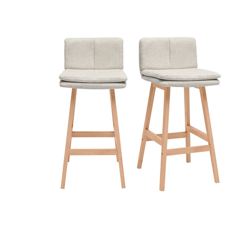 Miliboo - Tabouret de bar en tissu effet velours texturé beige et bois (lot de 2) joan