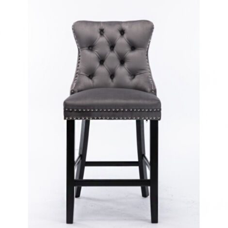 Tabourets de bar contemporains en velours capitonné, pieds en bois et garniture cloutée chromée, style décontracté, lot de 2 (gris)