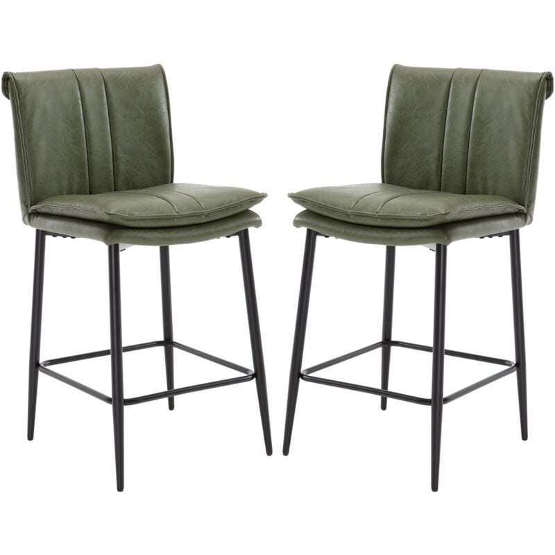 Tabouret de Bar Lot de 2 Tabourets de Bar Cuir pu avec Pied Métal, Chaise de Bar Moderne Coussin épais Wahson Chaise Haute Cuisine, Vert