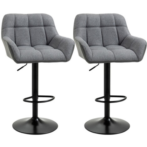 Tabourets de bar de cuisine x2, hauteur réglable, pivotants 360° avec dossier et repose-pieds, style lin, confort jusqu’à 120 kg, gris, 57.5x52.5x93–114 cm
