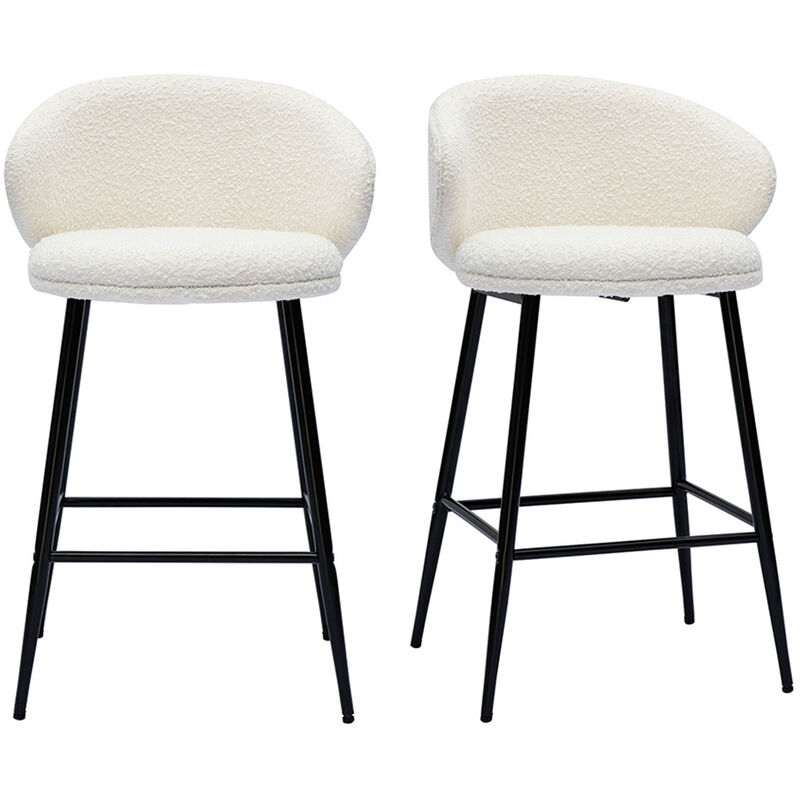Miliboo - Tabourets de bar design en tissu effet laine bouclée blanc cassé et métal noir H86 cm (lot de 2) rosalie