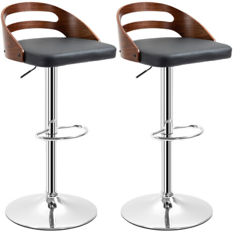 Tabourets de bar, design moderne, réglables en hauteur, pivotants à 360°, revêtement synthétique noir, dossier ouvert, finition bois,Lot de 2