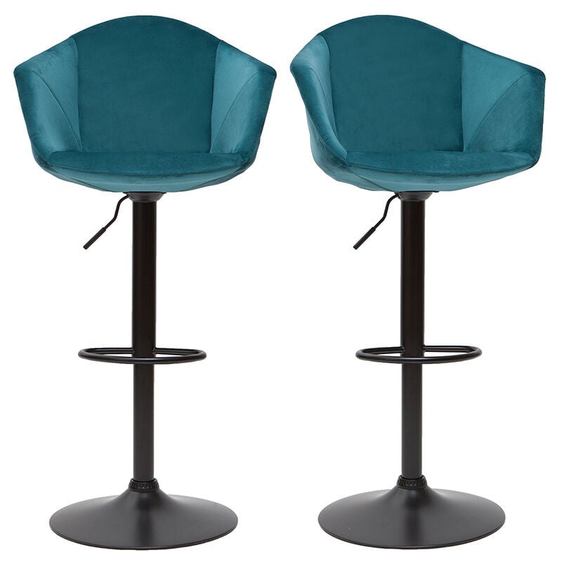 Miliboo - Tabourets de bar réglables pivotants 360° en velours bleu pétrole et métal (lot de 2) taya