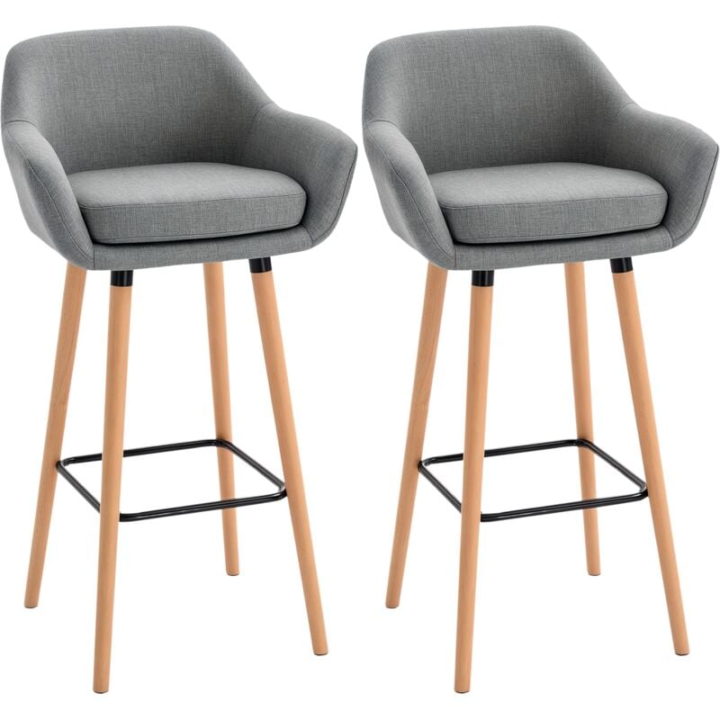 Homcom - Tabourets de bar design scandinave - lot de 2 tabourets de bar grand confort avec repose-pieds et accoudoirs - bois de hêtre lin gris chiné