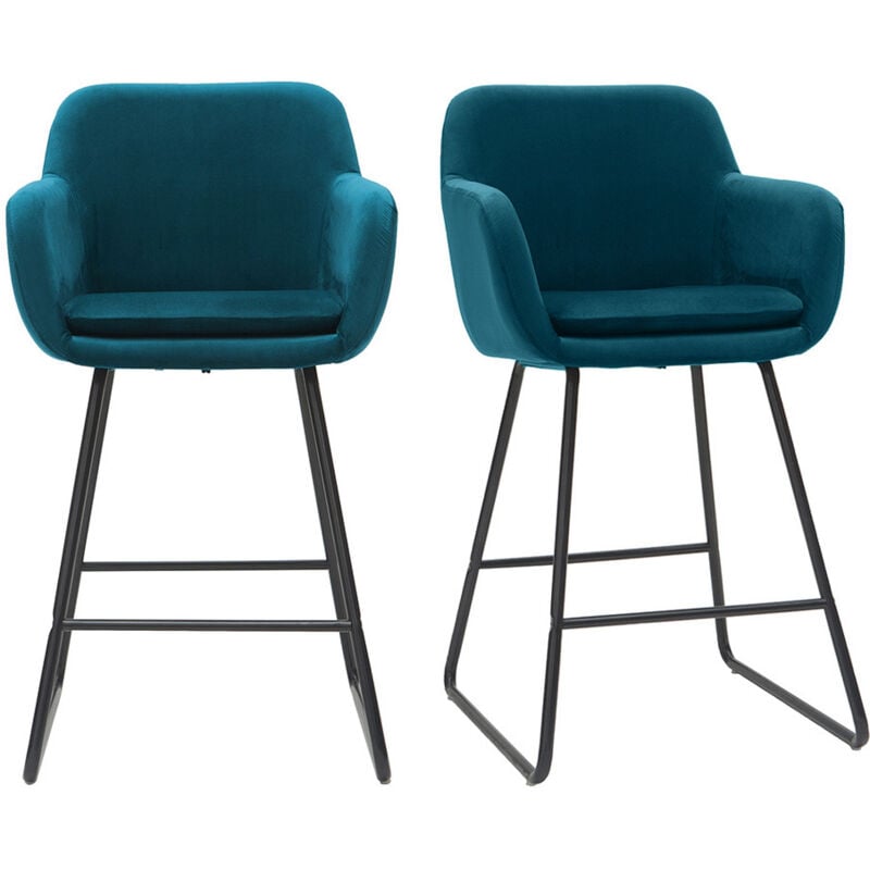 Miliboo - Tabourets de bar en velours bleu pétrole H65 cm (lot de 2) amika