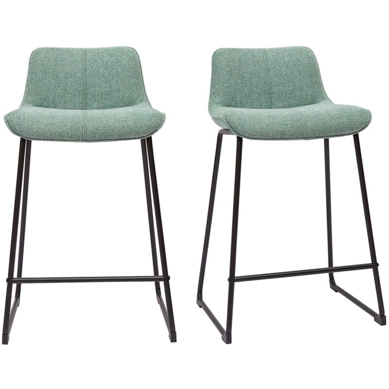 Tabourets de bar en tissu effet velours texturé céladon et métal noir H65 cm (lot de 2) boost
