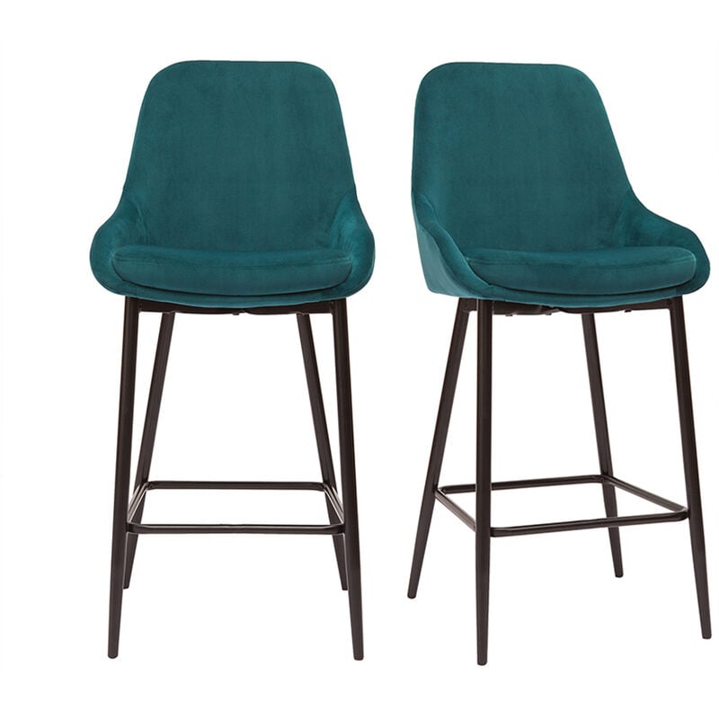 Tabourets de bar en tissu velours bleu pétrole et métal noir H65 cm (lot de 2) HOLO