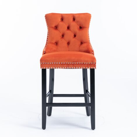 Tabourets de bar en velours de style contemporain, avec capitonnage à boutons, pieds en bois et bordure à clous chromés, lot de 2, couleur orange