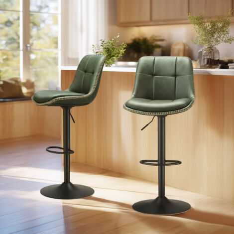 Tabourets de Bar, Ensemble de 2, Pivotants, Hauteur Réglable, avec Dossier et Repose-Pieds, Acier, Vert