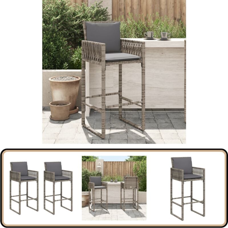 Tabourets de bar jardin coussins lot de 2 gris résine tressée - Tabouret De Bar Jardin - Chaises De Jardin - Mobilier De Jardin - Meubles D'extérieur