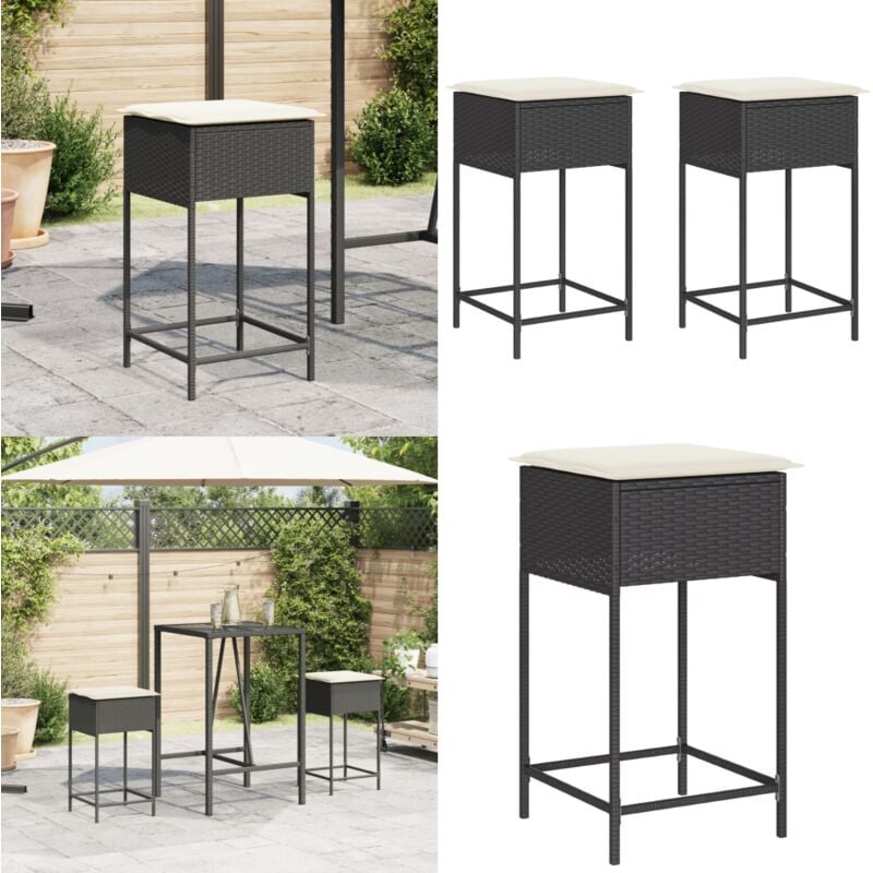 Tabourets de bar jardin coussins lot de 2 noir résine tressée - Tabouret De Bar - Chaise De Jardin - Mobilier Extérieur - Résine Tressée - Rotin