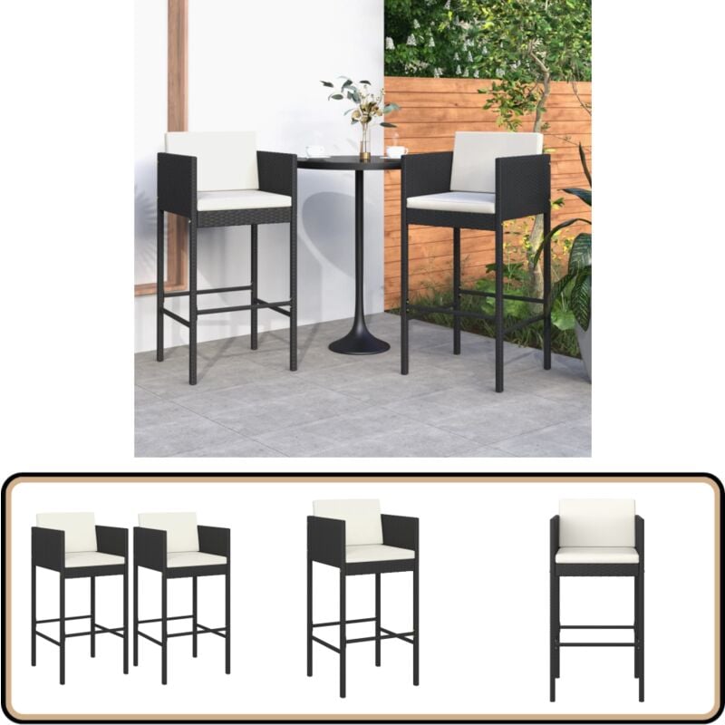 Tabourets de bar lot de 2 avec coussins noir résine tressée - Tabouret De Bar - Chaises De Jardin - Mobilier De Jardin - Résine Tressée - Acier