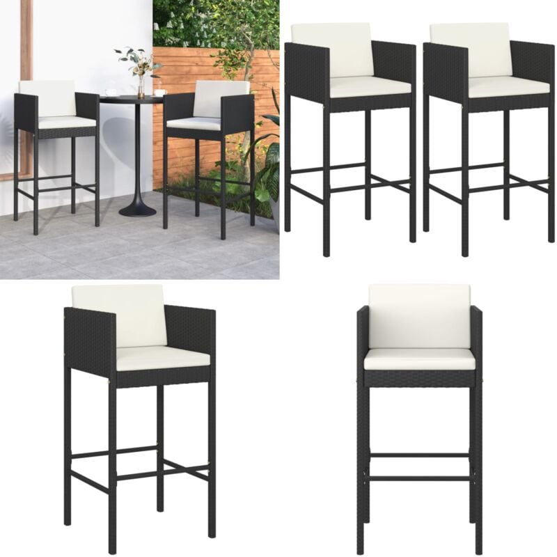 Tabourets de bar lot de 2 avec coussins noir résine tressée - Tabouret De Bar - Chaises De Jardin - Mobilier De Jardin - Résine Tressée - Acier