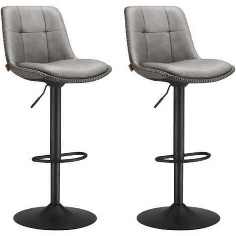 Tabourets de Bar, Lot de 2, Chaise de Cuisine, Siège Pivotant à Hauteur Réglable, Matelassé, en PU, avec Dossier et Repose-Pieds, Salle à Manger, Comptoir, Acier, Gris Tourterelle