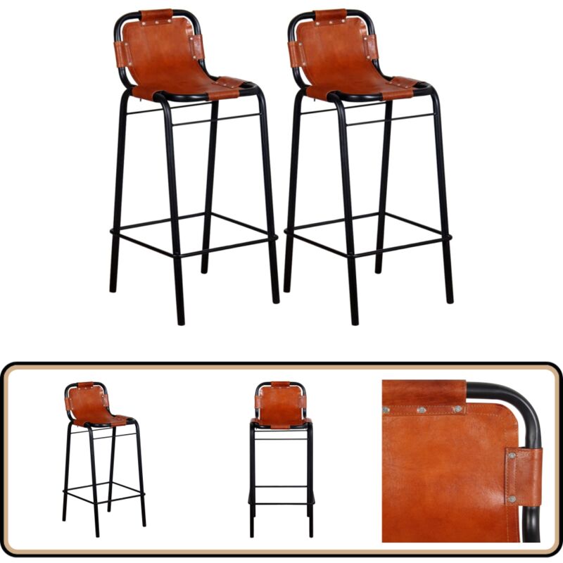 Tabourets de bar lot de 2 cuir véritable - Tabourets De Bar - Tabourets En Cuir - Meubles Industriels - Décoration Intérieure - Salon
