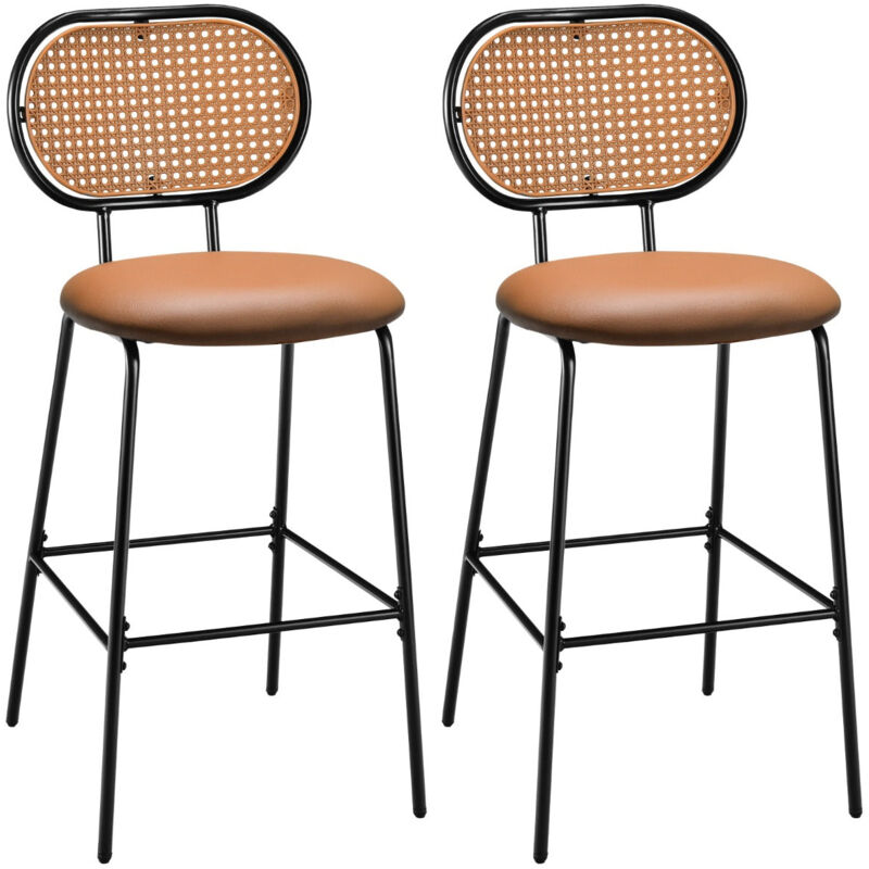 Helloshop26 - Tabourets de bar lot de 2 dossier en rotin pe siège en cuir pu 75 cm de haut style vintage marron