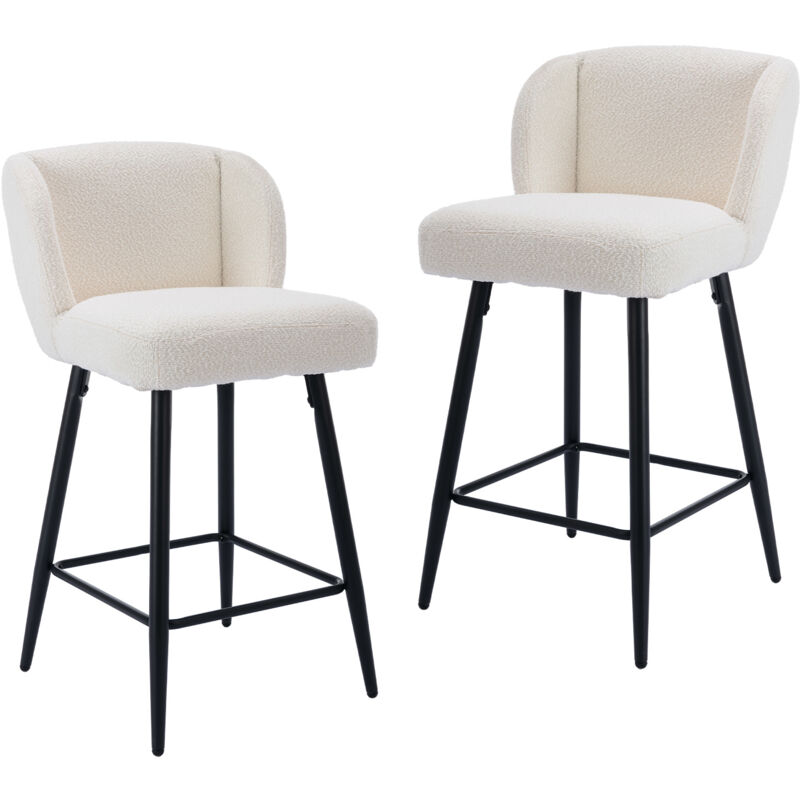 Tabouret de Bar Lot de 2 Chaise de Bar Moderne Tabouret Bar Moumoute Pieds Métal Chaise Bar Coussin Épais, Fausse Fourrure, Blanc