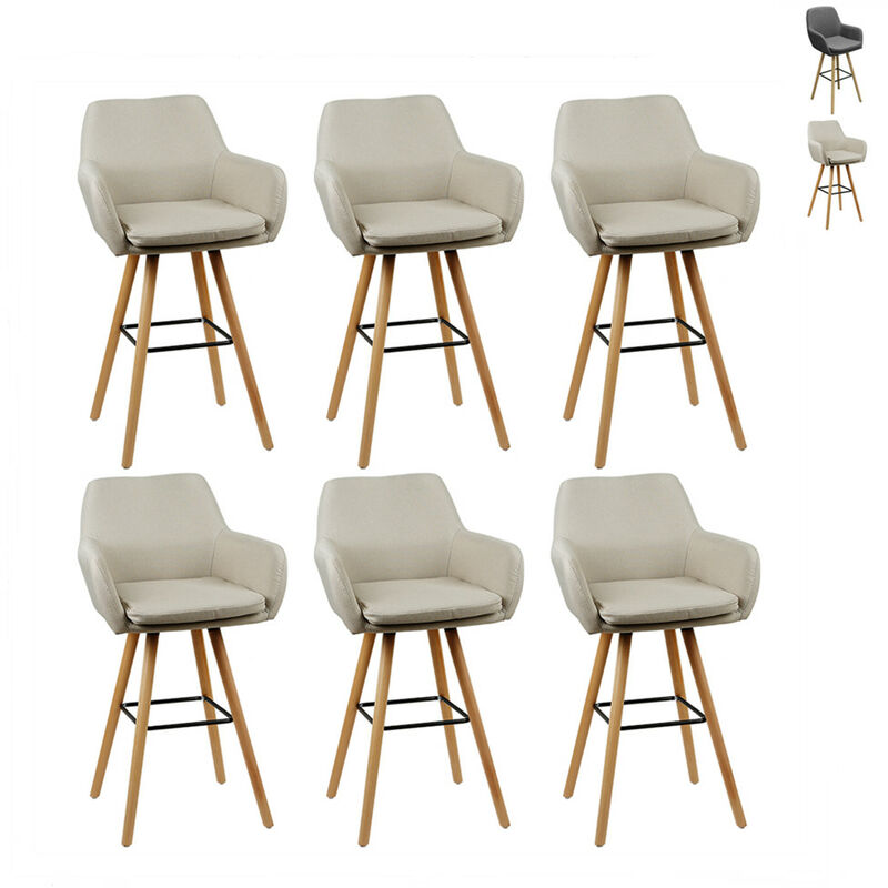 Skecten - Tabourets de Bar Lot de 6 en Tissu de Lin, Tabouret de Bar avec Dossier et Accoudoirs Pieds en Bois, Siège de Bar Confortable Chaises