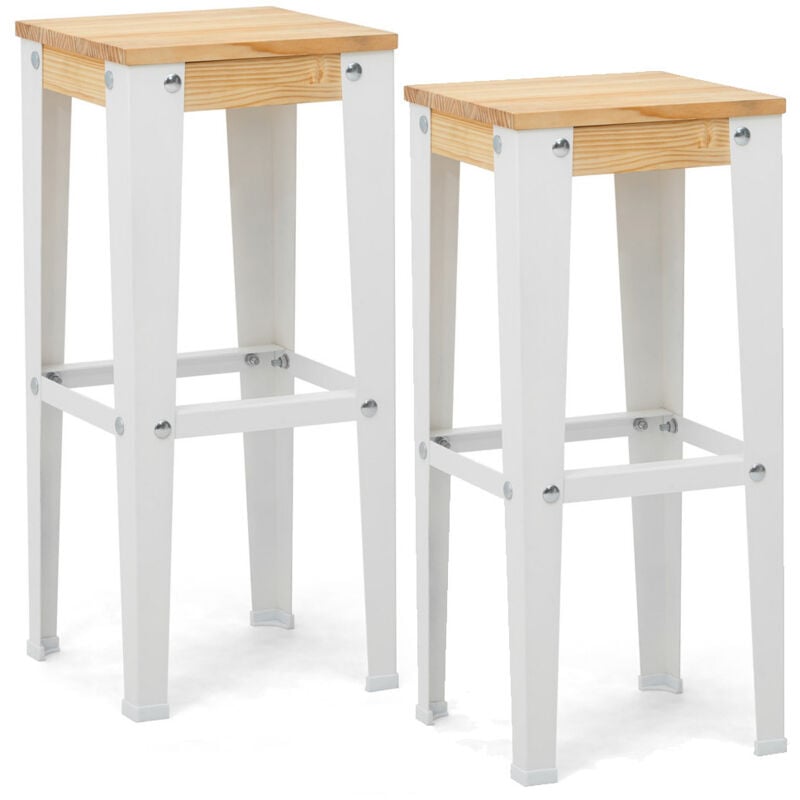 Box Furniture - Tabourets de bar lunds – style scandinave 32x32x75 Blanc-Naturel – Lot de 2