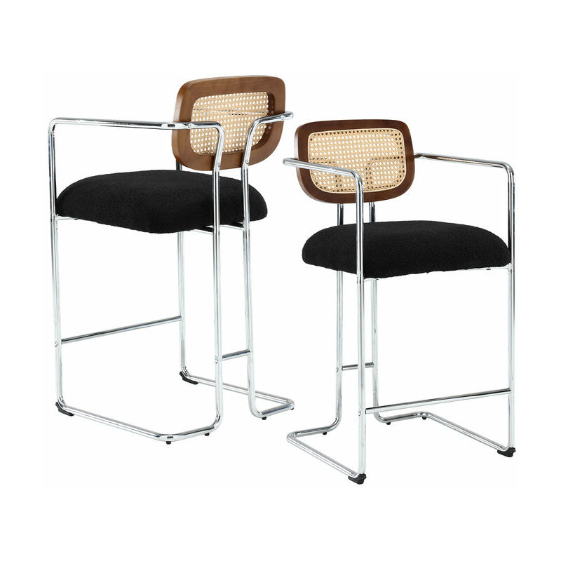 tabourets de bar moderne chaise de bar lot de 2 chaise haute cuisine pied métal chaise de bar avec dossier rotin, fausse fourrure, noir - noir