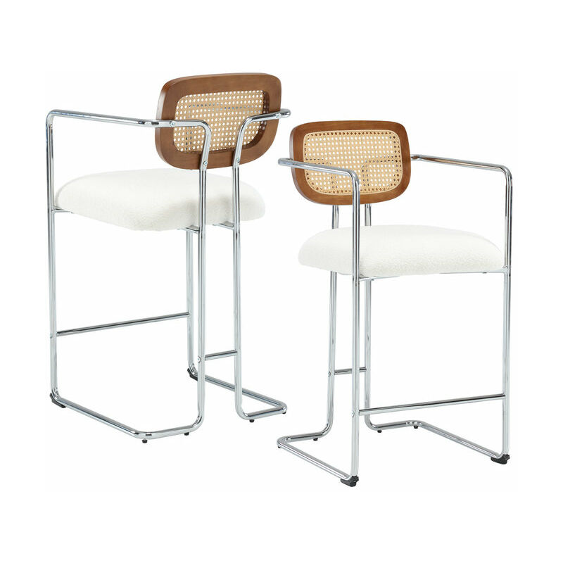 tabourets de bar moderne chaise de bar lot de 2 chaise haute cuisine pied métal chaise de bar avec dossier rotin, fausse fourrure, blanc - blanc