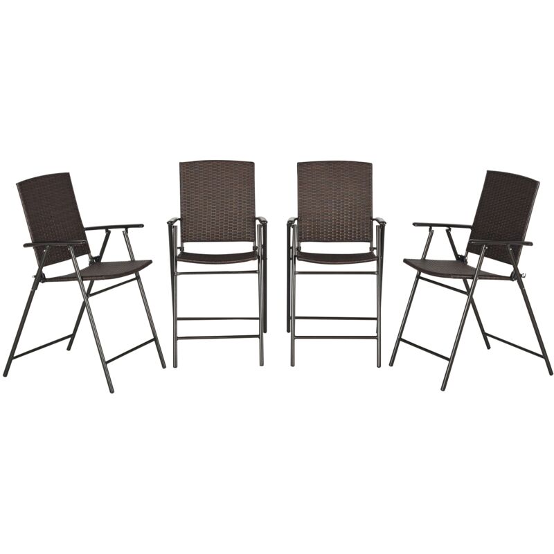 Tabourets de bar pliable style colonial - lot de 4 tabourets de bar - repose-pied + accoudoirs - métal époxy résine tressée chocolat