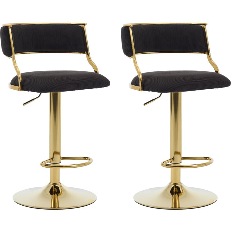 Tabouret de Bar Réglable en Velours Lot de 2 Tabouret Bar Moderne avec Pieds Doré et Coussin Comfortable, Pivotant à 360°, Noir, Wahson