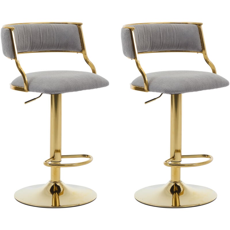 Tabouret de Bar Réglable en Velours Lot de 2 Tabouret Bar Moderne avec Pieds Doré et Coussin Comfortable, Pivotant à 360°, Gris, Wahson