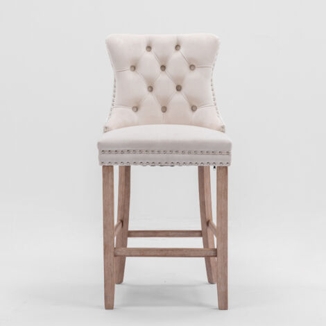 Tabourets de Bar Revêtus en Velours, Lot de 2 Chaises de Détente avec Pieds en Bois, Décoration à Boutons et Finition Cloutée Chromée, Style Moderne, Beige