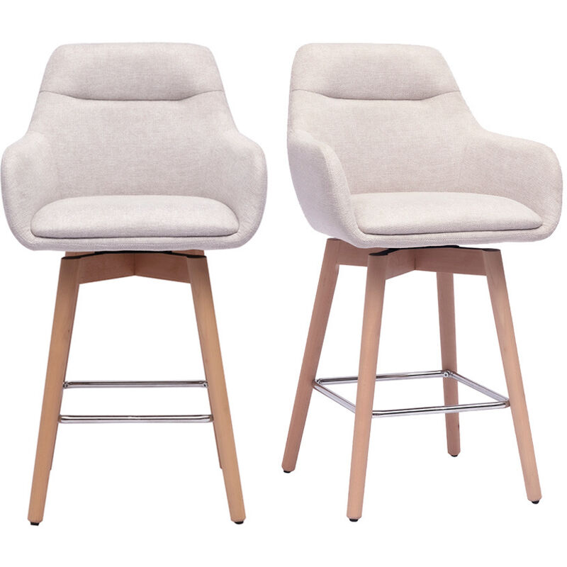 Tabourets de bar scandinaves pivotants 360° en tissu effet velours texturé beige et bois clair H65 cm (lot de 2) ALESS