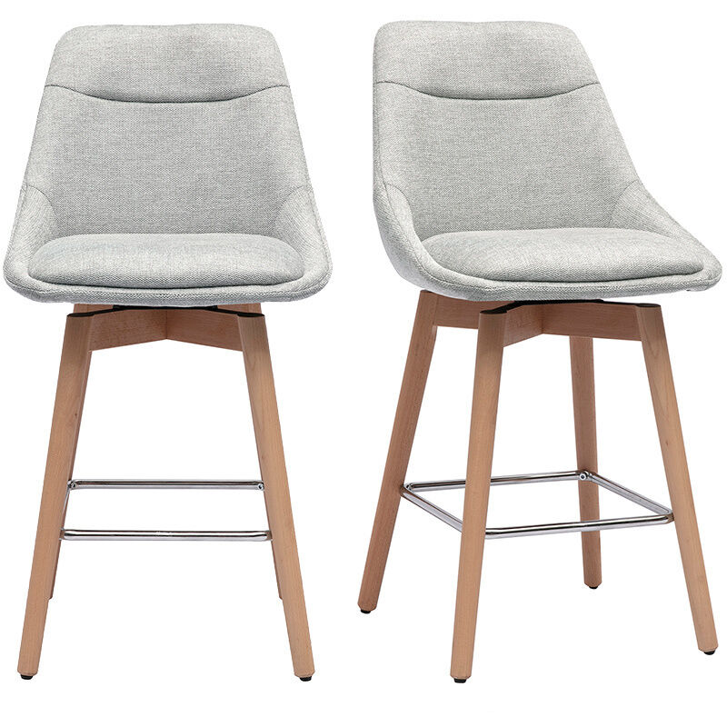 Tabourets de bar scandinaves pivotants 360° en tissu effet velours texturé gris clair et bois clair H65 cm (lot de 2) ALESS