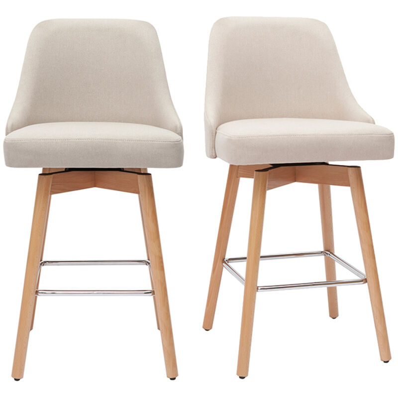 Tabourets de bar scandinaves pivotants 360° en tissu beige et bois hêtre massif H65 cm (lot de 2) HASTA