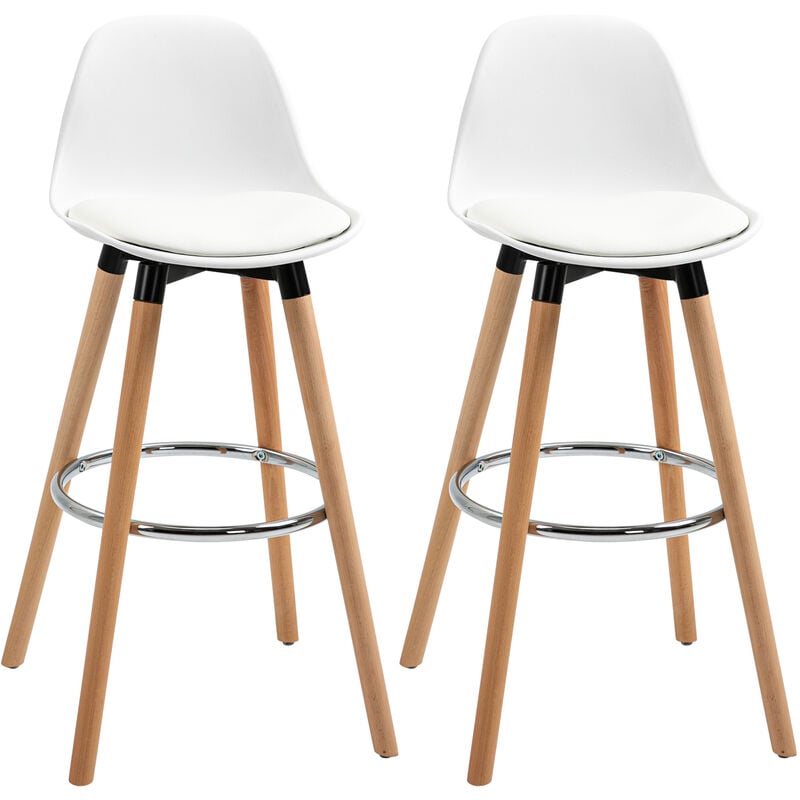 Homcom - Tabourets de bar style scandinave - lot de 2 tabourets de bar avec repose-pieds - piètement bois de hêtre assise pu blanc