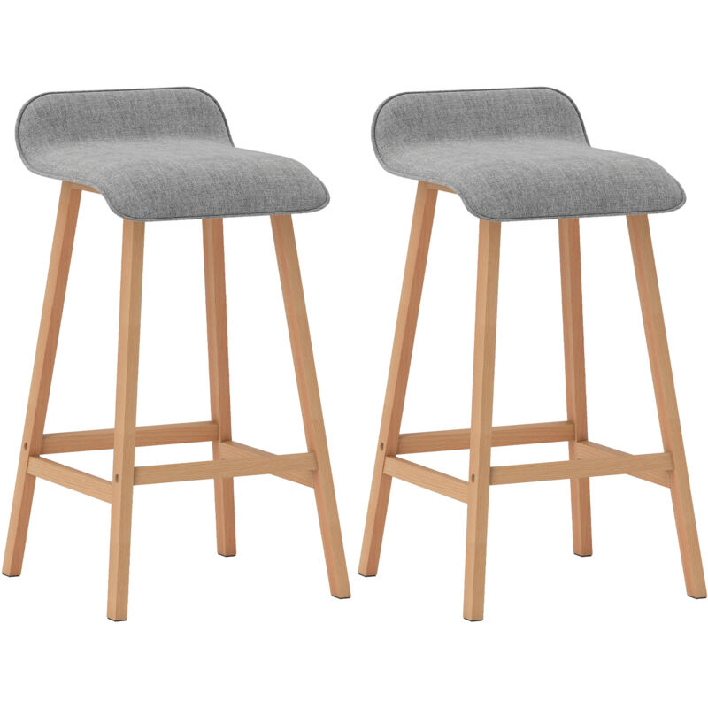 Homcom - Tabourets de bar style scandinave - lot de 2 tabourets de bar avec repose-pieds - bois de sapin tissu polyester aspect lin gris
