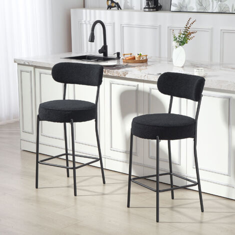 Tabourets de Bar Tissu Bouclette Lot de 2 Dossier Courbé Repose-Pieds 49x52x95 cm Noir