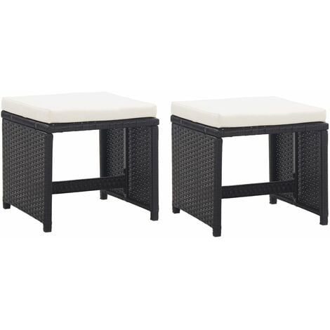 Tabourets de jardin 2 pcs avec coussins Résine tressée Noir