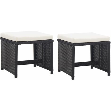 Tabourets de jardin 2 pcs avec coussins Résine tressée Noir