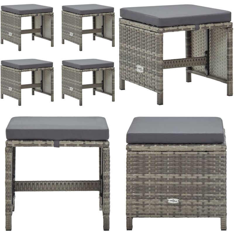 Tabourets de jardin lot de 4 avec coussins Résine tressée Gris - Tabouret De Jardin - Chaise De Jardin - Mobilier De Jardin - Set De Chaises - Résine