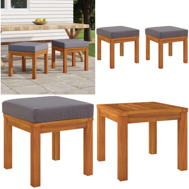 Tabourets de jardin et coussins 2 pcs 40x40x42 cm Acacia solide - tabouret de jardin - tabourets de jardin - Home & Living - Gris